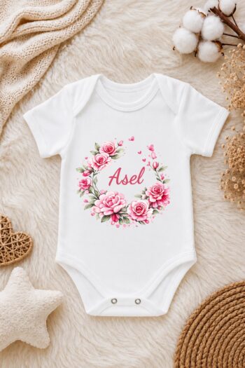 Kız Bebek Kişiye Özel İsimli Zıbın – Pembe Gül ve Kelebek Desenli Kısa Kollu Bebek Body