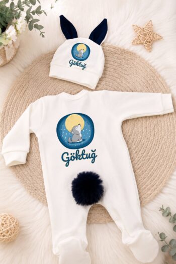 Kişiye Özel Erkek Bebek Tulum ve Bere – Ay ve Kurt Temalı İsme Özel Bebek Giyim